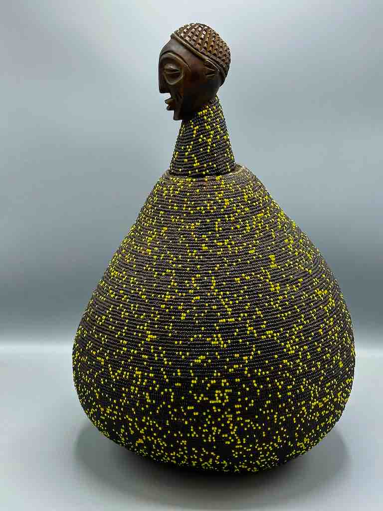 Congolese Beaded Decor Gourd from Kenya Africa - Black/Yellow