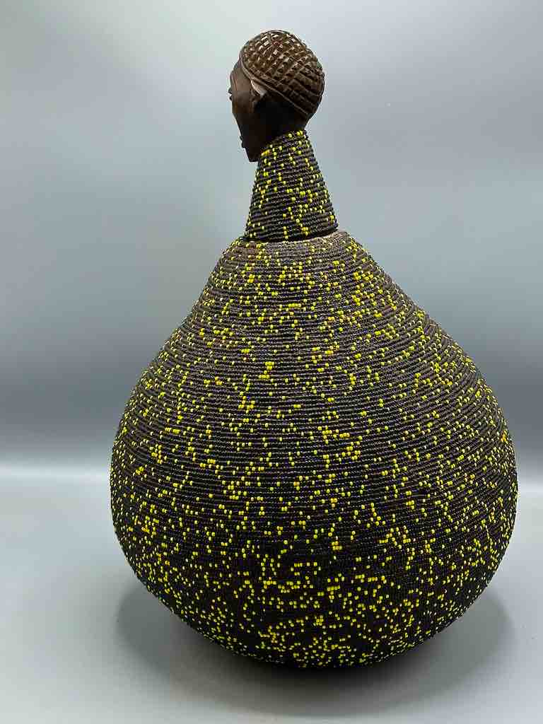 Congolese Beaded Decor Gourd from Kenya Africa - Black/Yellow