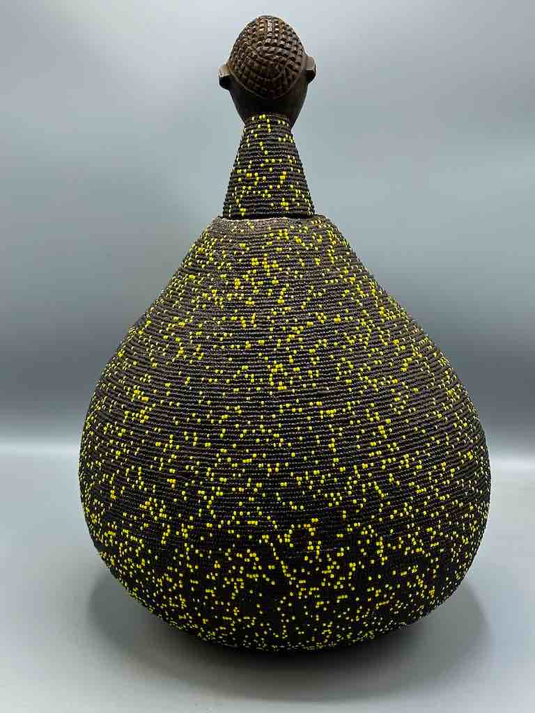 Congolese Beaded Decor Gourd from Kenya Africa - Black/Yellow