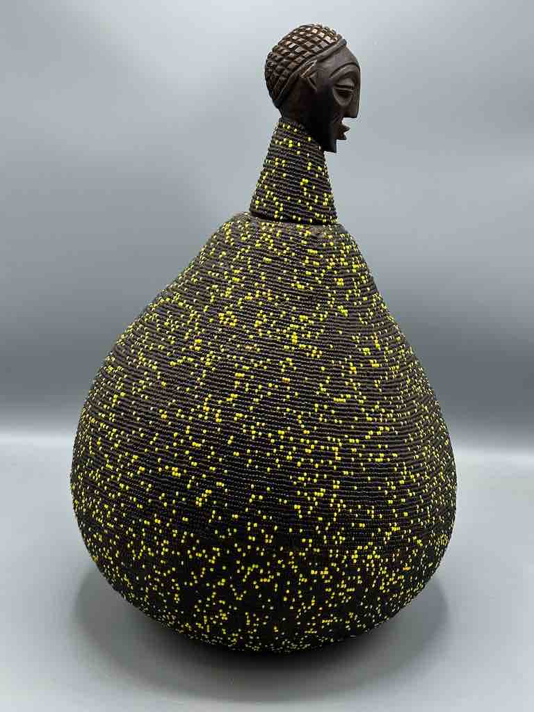 Congolese Beaded Decor Gourd from Kenya Africa - Black/Yellow