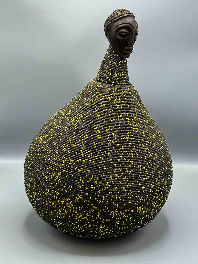 Congolese Beaded Decor Gourd from Kenya Africa - Black/Yellow