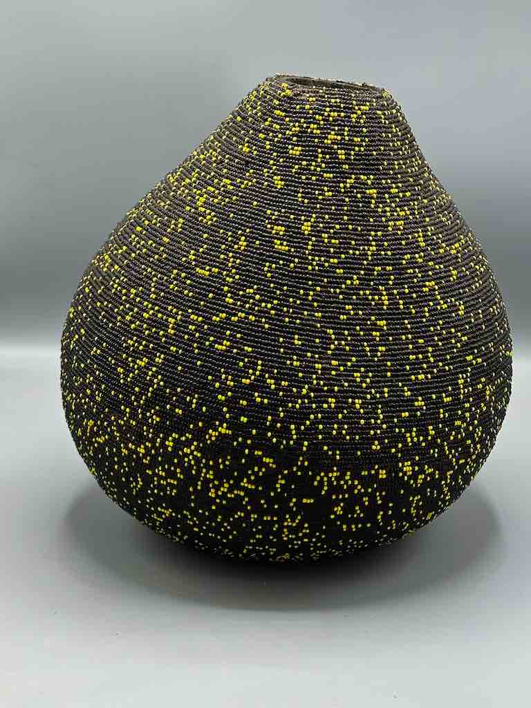 Congolese Beaded Decor Gourd from Kenya Africa - Black/Yellow