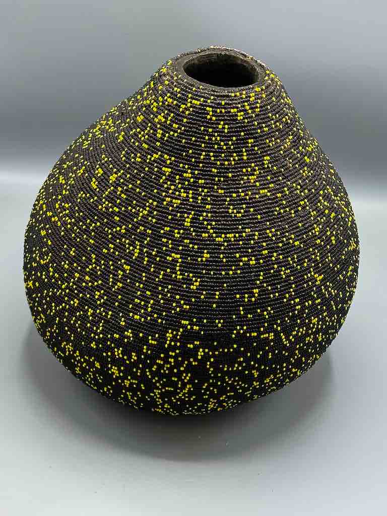 Congolese Beaded Decor Gourd from Kenya Africa - Black/Yellow