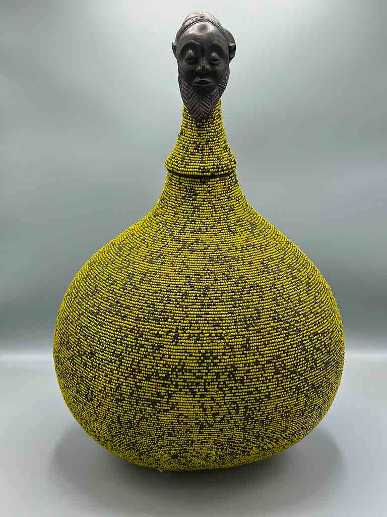 Congolese Beaded Decor Gourd from Kenya Africa - Yellow/Black