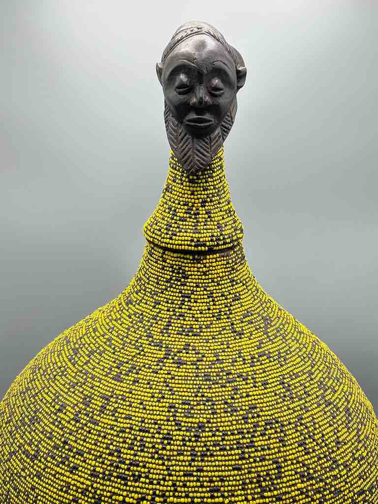 Congolese Beaded Decor Gourd from Kenya Africa - Yellow/Black