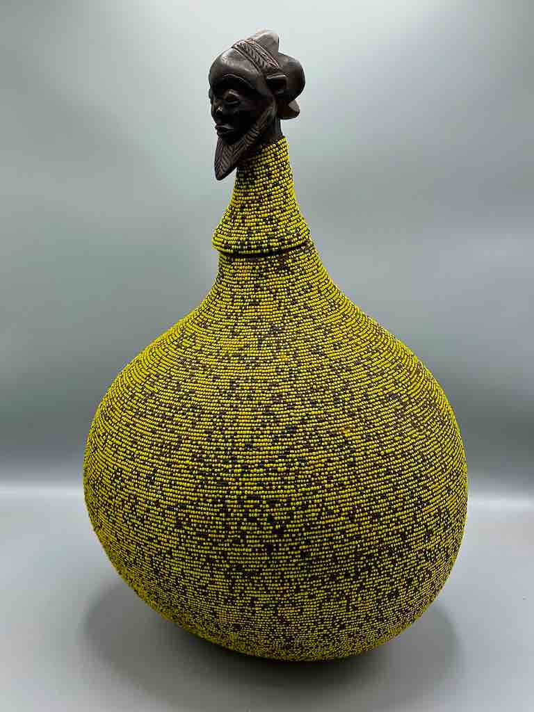 Congolese Beaded Decor Gourd from Kenya Africa - Yellow/Black