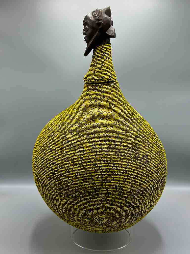 Congolese Beaded Decor Gourd from Kenya Africa - Yellow/Black