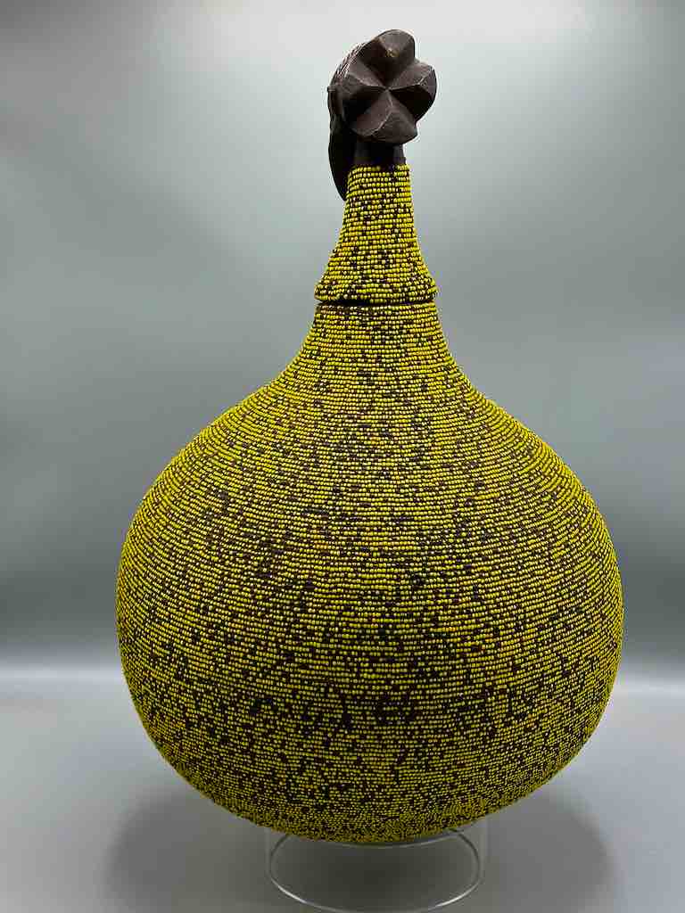 Congolese Beaded Decor Gourd from Kenya Africa - Yellow/Black