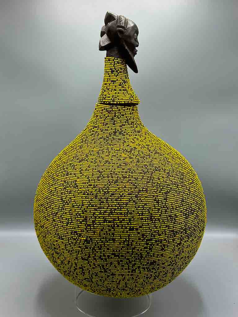 Congolese Beaded Decor Gourd from Kenya Africa - Yellow/Black