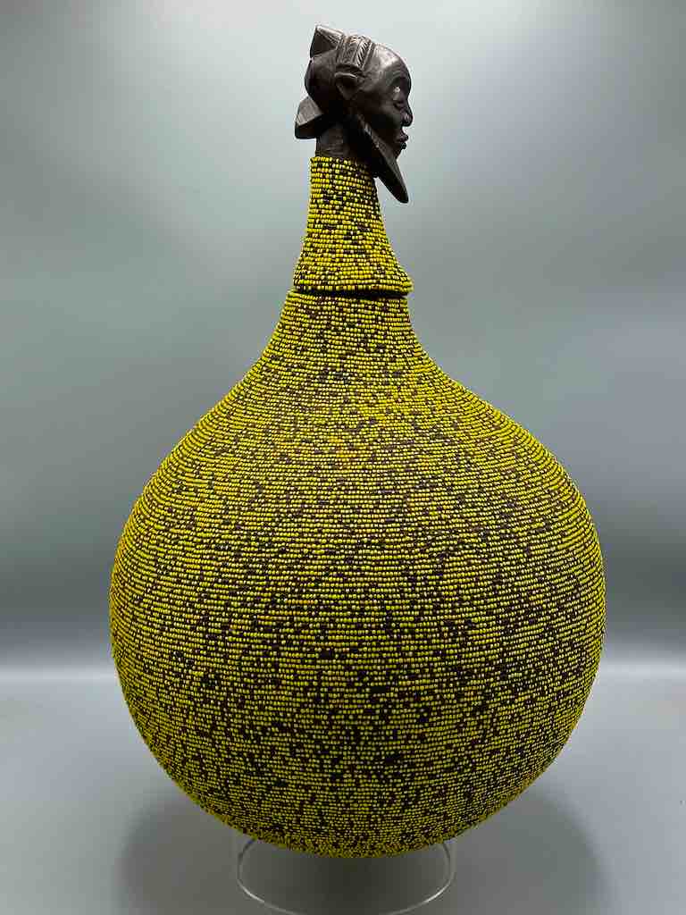 Congolese Beaded Decor Gourd from Kenya Africa - Yellow/Black