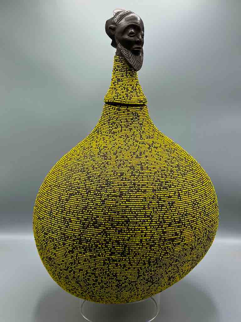 Congolese Beaded Decor Gourd from Kenya Africa - Yellow/Black