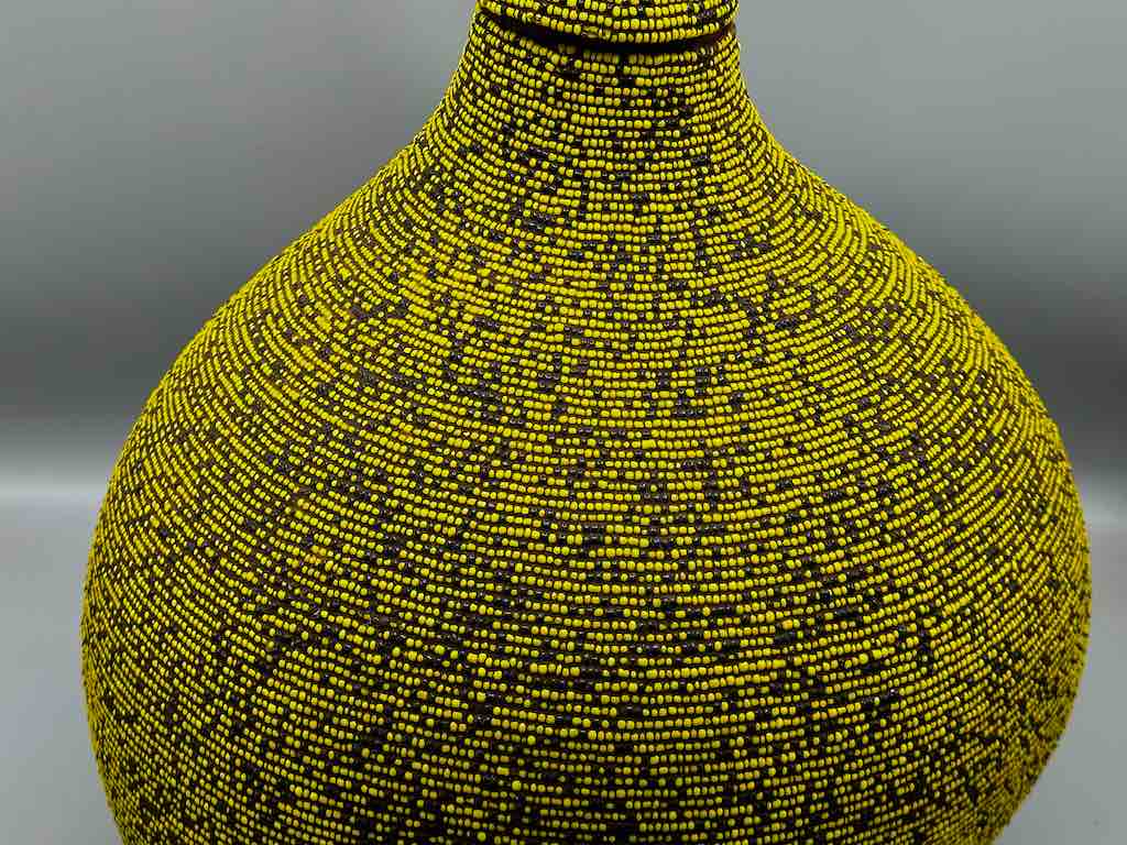 Congolese Beaded Decor Gourd from Kenya Africa - Yellow/Black