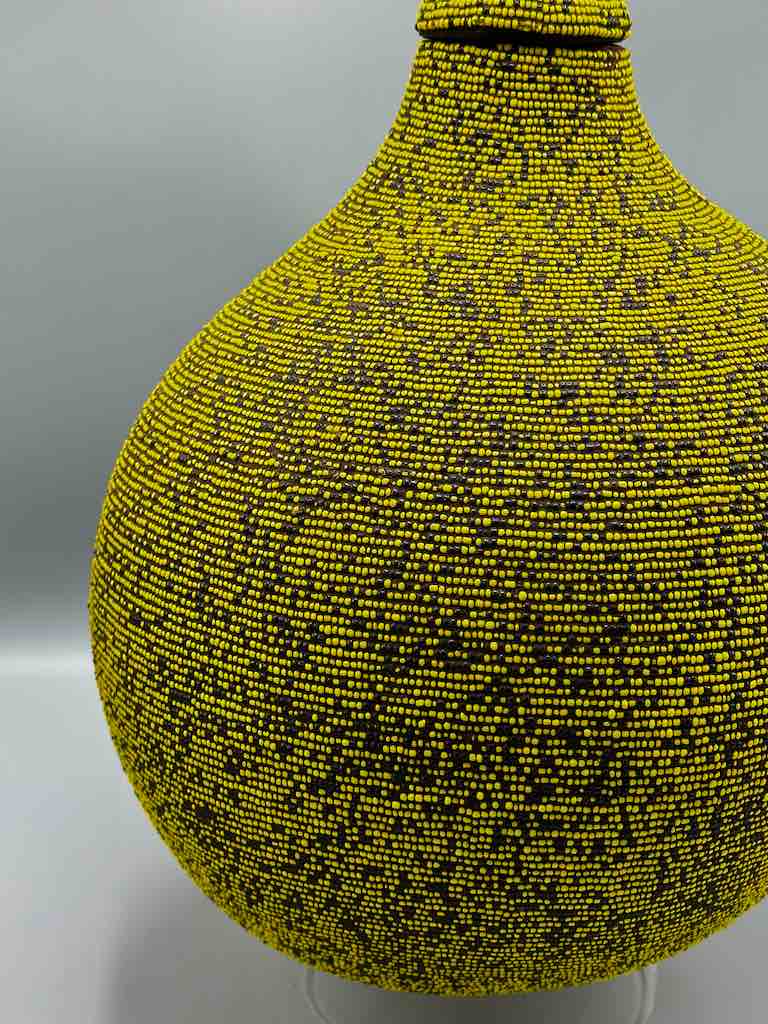 Congolese Beaded Decor Gourd from Kenya Africa - Yellow/Black