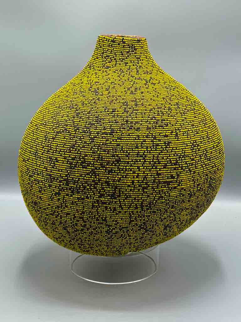 Congolese Beaded Decor Gourd from Kenya Africa - Yellow/Black