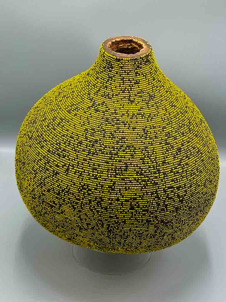 Congolese Beaded Decor Gourd from Kenya Africa - Yellow/Black