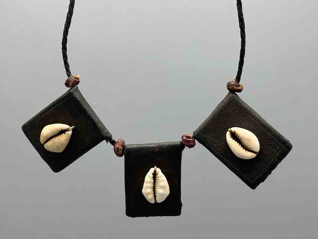 Cowrie Shell Triple GriGri Black Leather Cord Long Necklace - Mali