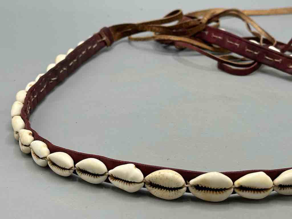 African Cultural Narrow Real Cowrie Shell-Leather Tie-Closure Finished Edges Belt - 7 colors