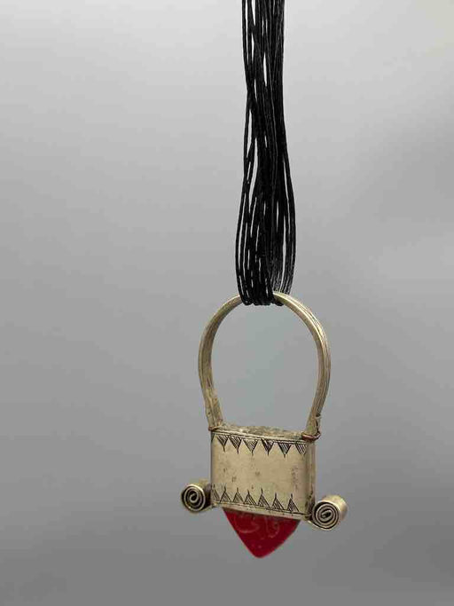 Large Tuareg InGall Metal & Glass Pendant Leather Necklace Choker  - Niger