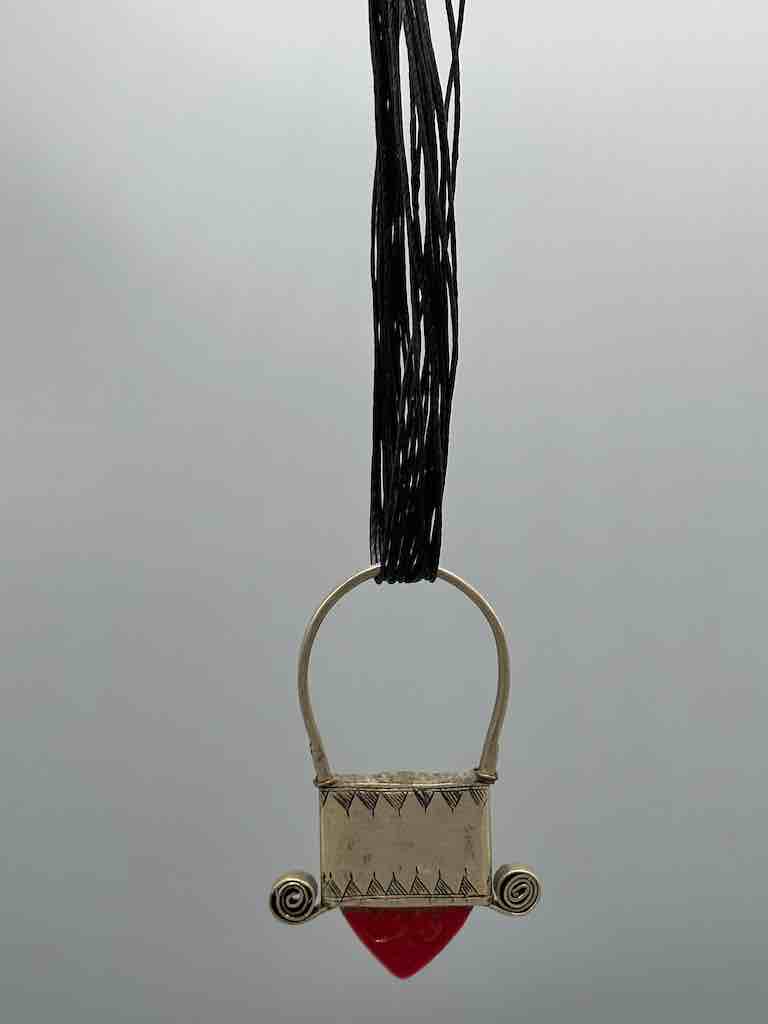 Large Tuareg InGall Metal & Glass Pendant Leather Necklace Choker  - Niger