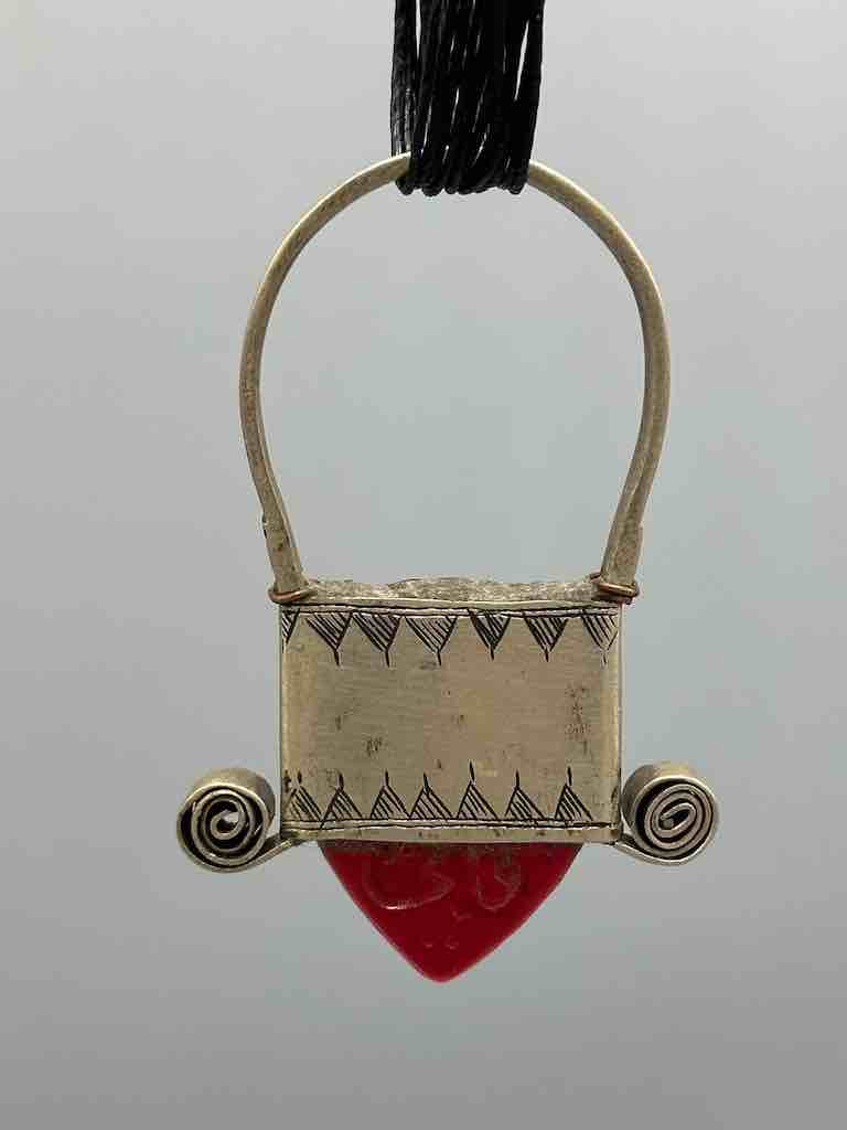 Large Tuareg InGall Metal & Glass Pendant Leather Necklace Choker  - Niger