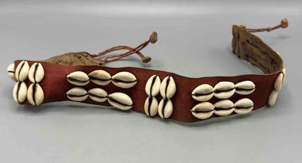 African Cultural Wide Real Cowrie Shell-Red Leather Ball & Loop Closure Belt