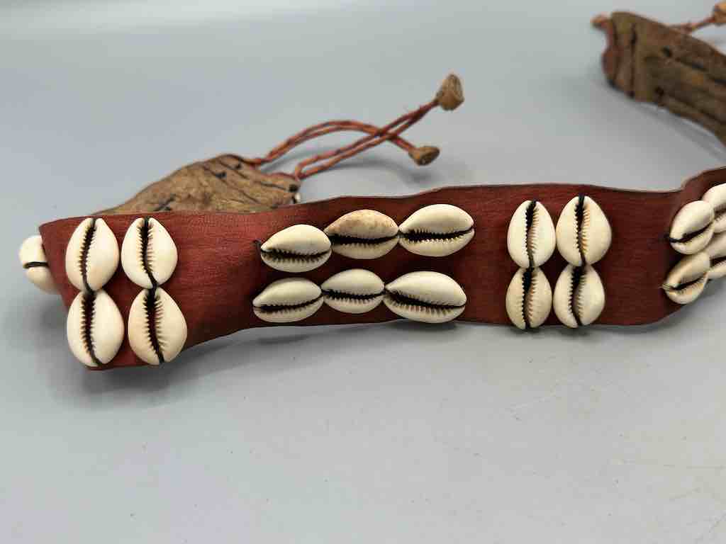 African Cultural Wide Real Cowrie Shell-Red Leather Ball & Loop Closure Belt