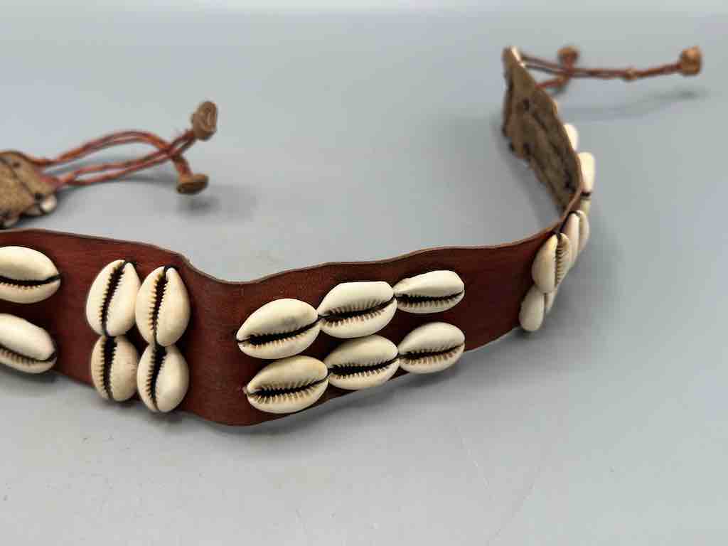 African Cultural Wide Real Cowrie Shell-Red Leather Ball & Loop Closure Belt