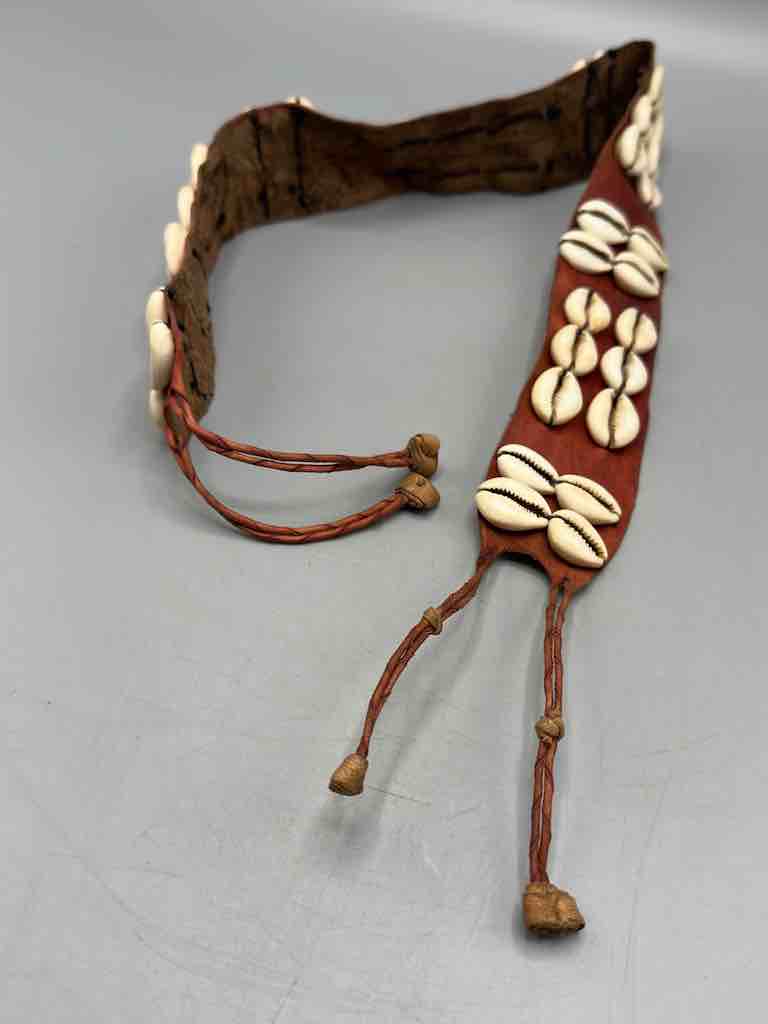 African Cultural Wide Real Cowrie Shell-Red Leather Ball & Loop Closure Belt