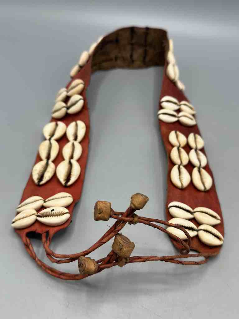 African Cultural Wide Real Cowrie Shell-Red Leather Ball & Loop Closure Belt