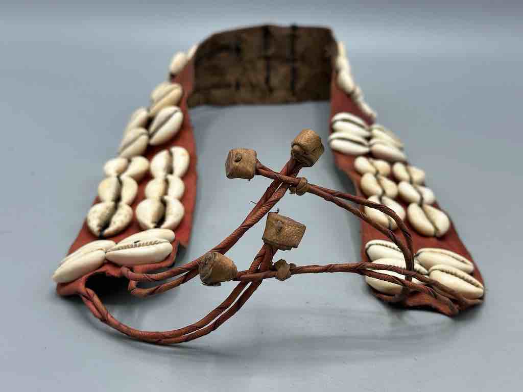 African Cultural Wide Real Cowrie Shell-Red Leather Ball & Loop Closure Belt