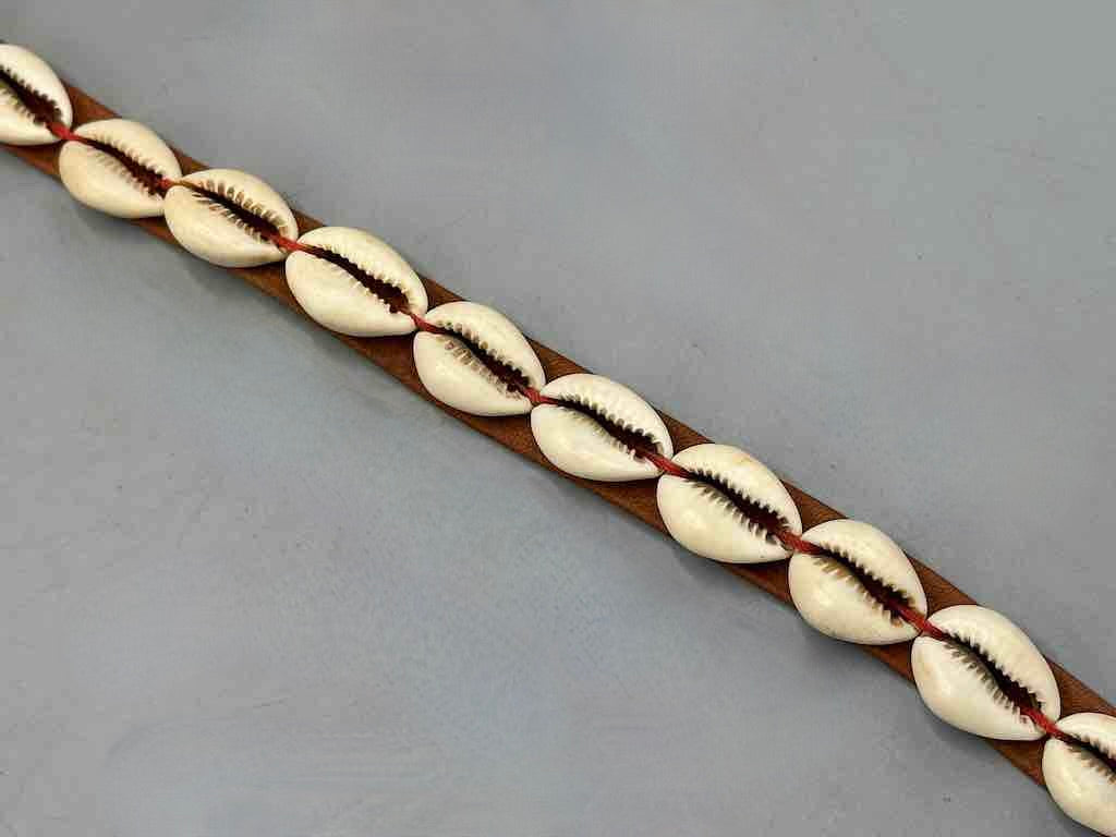 African Cultural Narrow Real Cowrie Shell-Leather Tie-Closure Finished Edges Belt - 7 colors