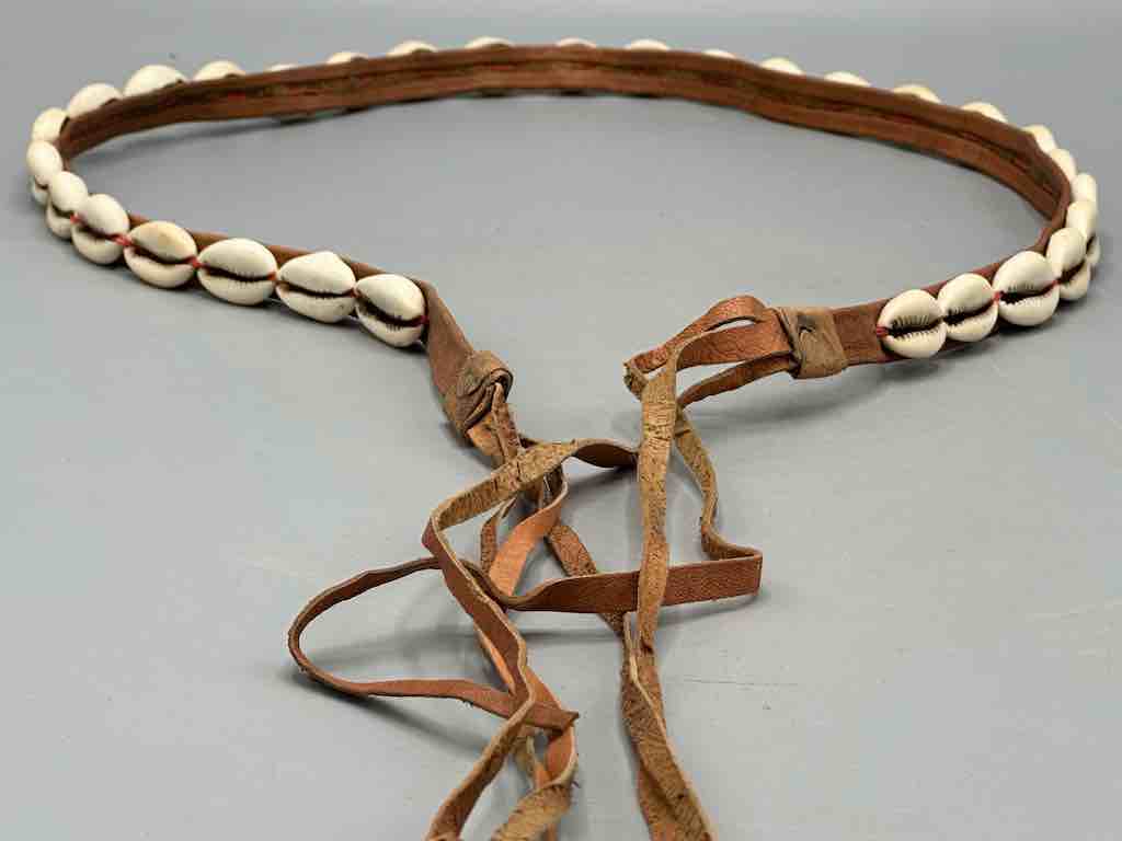 African Cultural Narrow Real Cowrie Shell-Leather Tie-Closure Finished Edges Belt - 7 colors