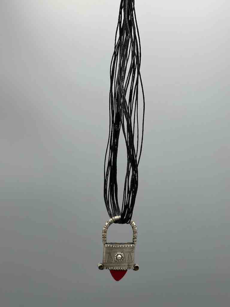 Tuareg InGall Coin Silver & Glass Pendant Leather Necklace Choker  - Niger