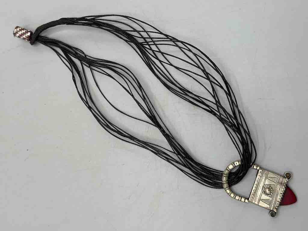 Tuareg InGall Coin Silver & Glass Pendant Leather Necklace Choker  - Niger