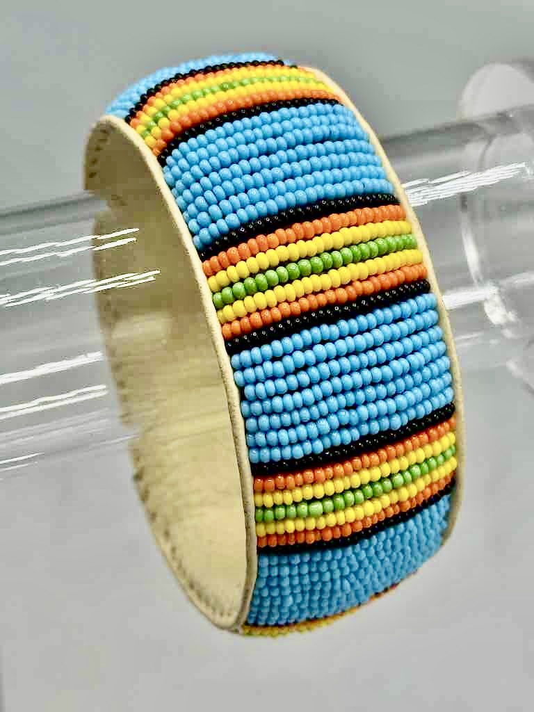 Rasta Stripes Design Wide Beaded Leather Bracelet - Mali