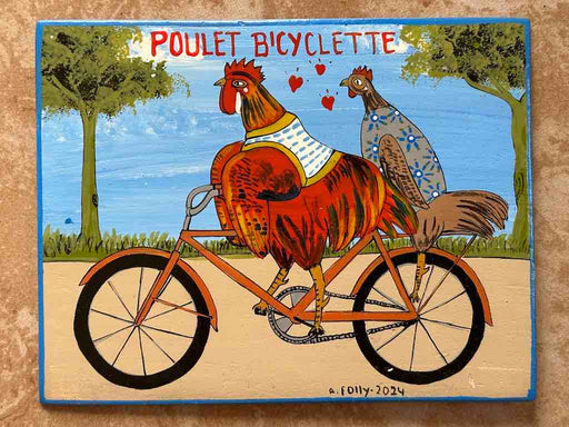 Two Chickens on a Bicycle | Contemporary African Hand Painted Art | Wall Hanging | Frameable Painting | 6.5" x 5"