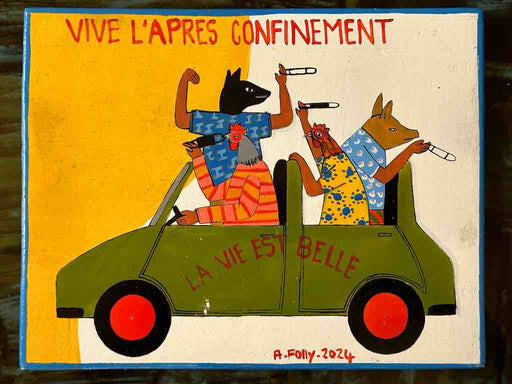 Four Animals in a Car | Contemporary African Hand Painted Art | Wall Hanging | Frameable Painting | 6.5" x 5"