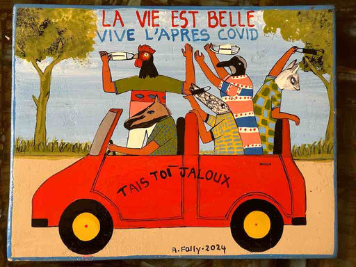 Five Animals in a Car | Contemporary African Hand Painted Art | Wall Hanging | Frameable Painting | 6.5" x 5"