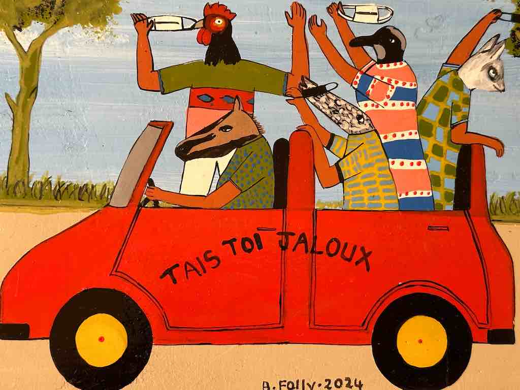 Five Animals in a Car | Contemporary African Hand Painted Art | Wall Hanging | Frameable Painting | 6.5" x 5"