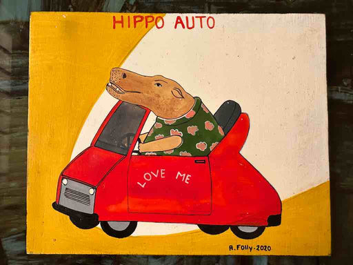 Hippopotamus in a Car | Contemporary African Hand Painted Art | Wall Hanging | Frameable Painting | 6.5" x 5"