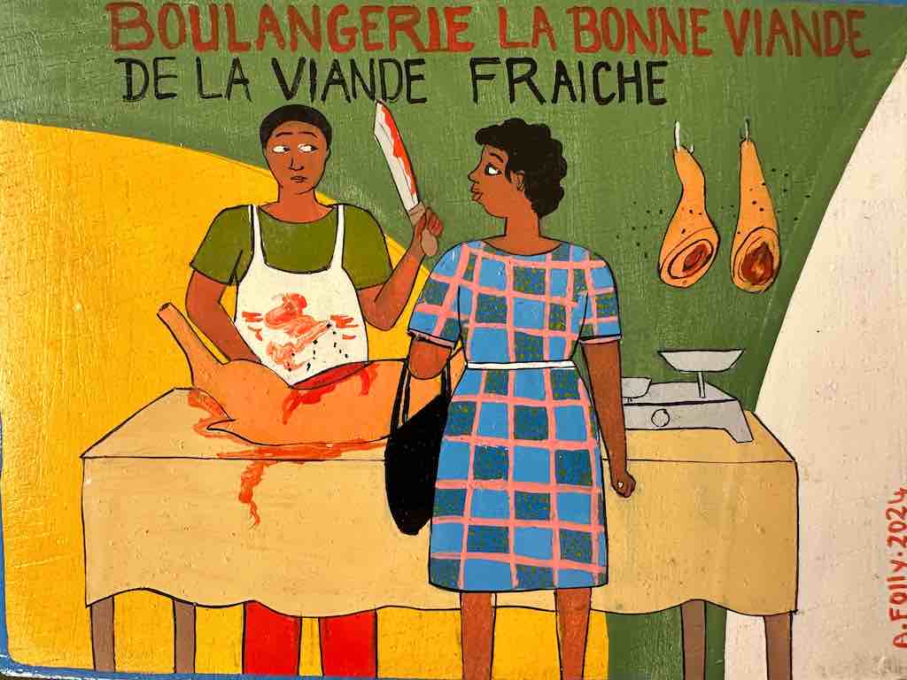 Butcher and Customer | Contemporary African Hand Painted Art | Wall Hanging | Frameable Painting | 6.5" x 5"