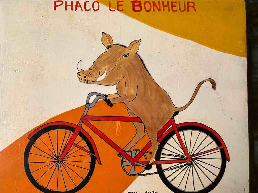 Warthog on a Bicycle | Contemporary African Hand Painted Art | Wall Hanging | Frameable Painting | 6.5" x 5"