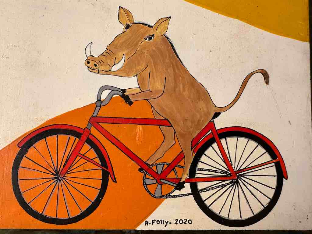 Warthog on a Bicycle | Contemporary African Hand Painted Art | Wall Hanging | Frameable Painting | 6.5" x 5"