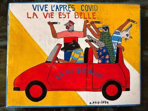 Five Animals in a Car | Contemporary African Hand Painted Art | Wall Hanging | Frameable Painting | 6.5" x 5"