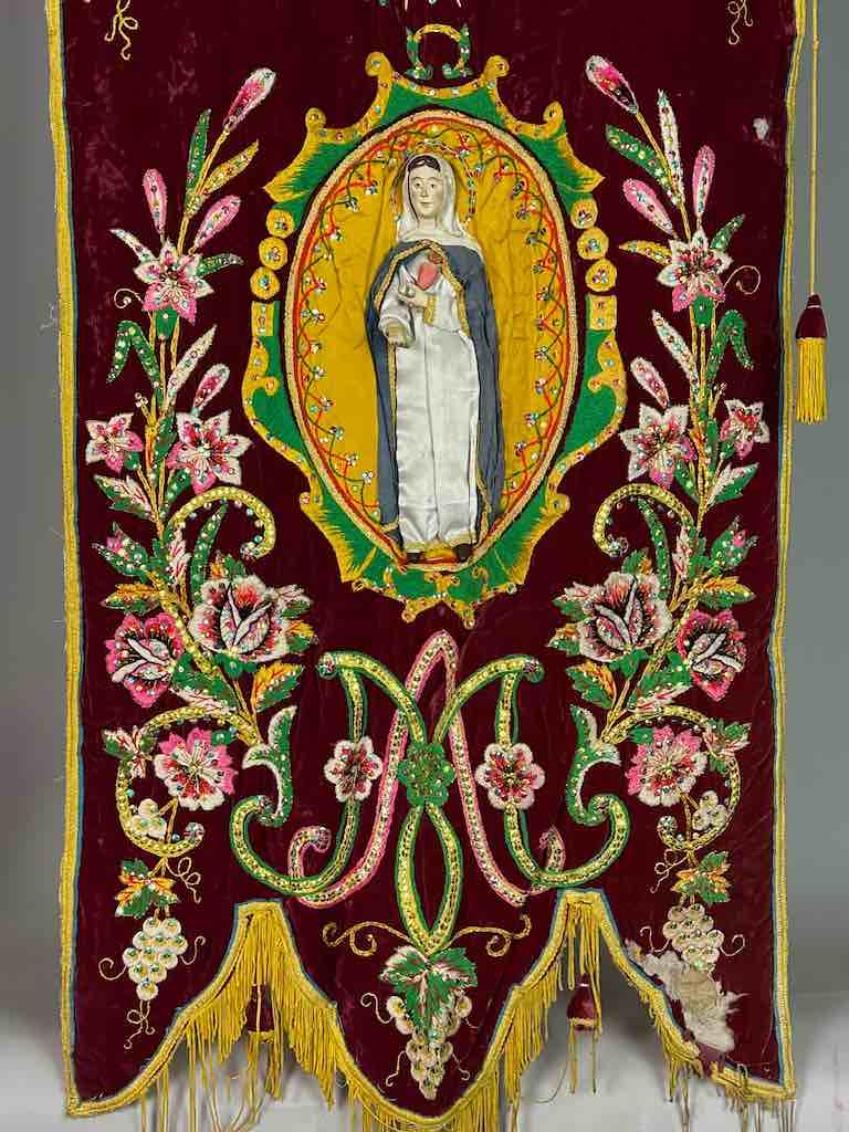 Antique Vietnamese Catholic Virgin Mary Banner Authentic Ecclesiastical Cloth