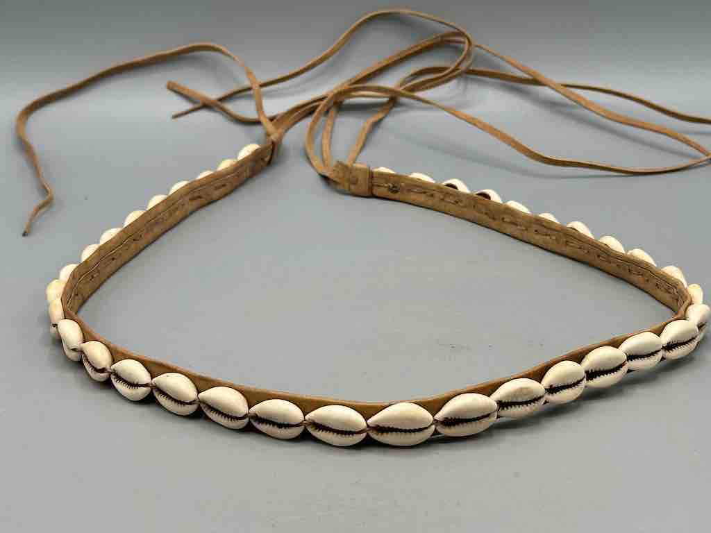 African Cultural Narrow Real Cowrie Shell-Leather Tie-Closure Finished Edges Belt - 7 colors