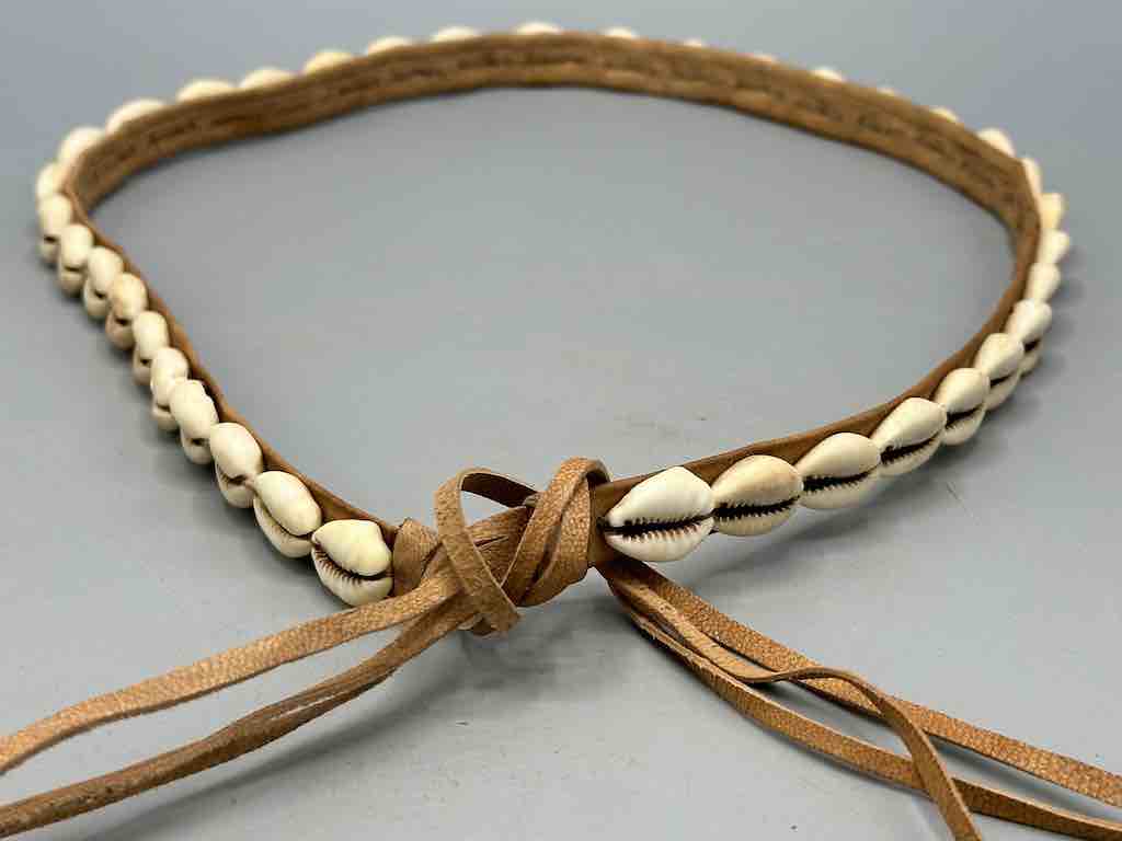 African Cultural Narrow Real Cowrie Shell-Leather Tie-Closure Finished Edges Belt - 7 colors