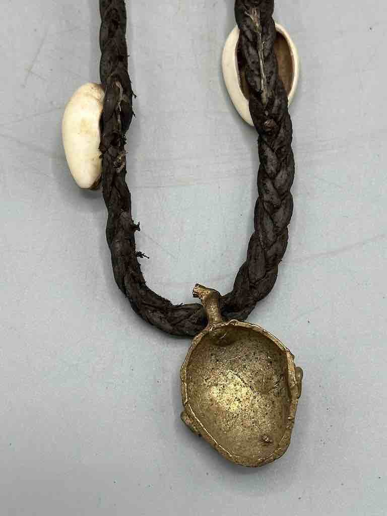 Leather & Cowrie Shell Brass Mask Pendant Necklace - Mali