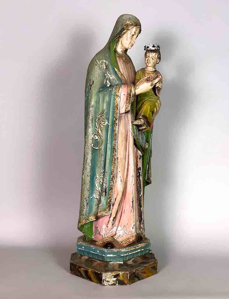 Very Large Antique Vietnamese Catholic Saint Figure Mary & Jesus