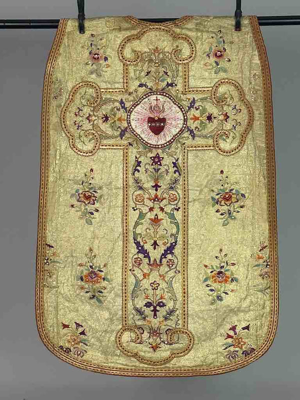 Antique Vietnamese Catholic Sacred Heart Cross Design Chasuble Authentic Ecclesiastical Garment